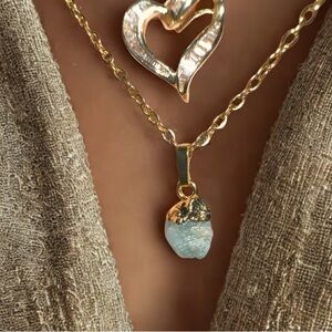 Raw Aquamarine Crystal Nugget Gold Chain Necklace Natural Form Minimalist 22k